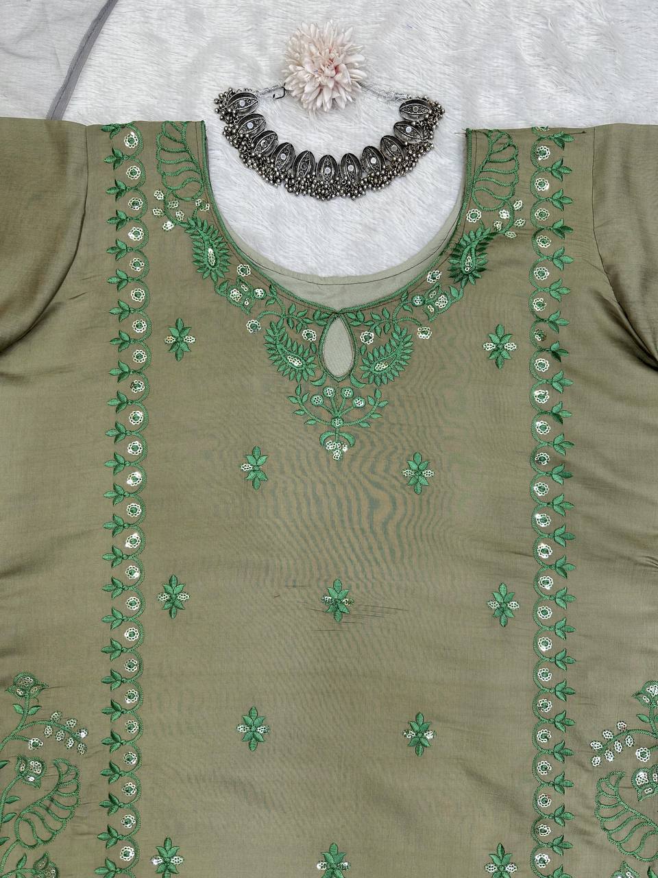 ELEGANT DESIGNER MUSLIN COTTON SUIT WITH THREAD & SEQUENCE WORK – PAIRED WITH ORGANZA SILK DUPATTA