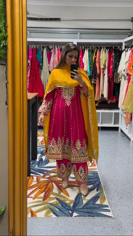 ELEGANT DESIGNER SUIT IN CHINON FABRIC WITH THREAD & 9MM SEQUIN WORK – A PERFECT ETHNIC WEAR