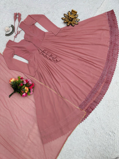 ELEGANT DESIGNER GOWN IN FAUX GEORGETTE WITH LACE WORK & TASSELS – A PERFECT BLEND OF GRACE & STYLE