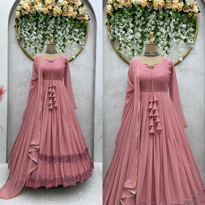 ELEGANT DESIGNER GOWN IN FAUX GEORGETTE WITH LACE WORK & TASSELS – A PERFECT BLEND OF GRACE & STYLE