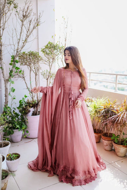 ELEGANT DESIGNER GOWN IN FAUX GEORGETTE WITH LACE WORK & TASSELS – A PERFECT BLEND OF GRACE & STYLE