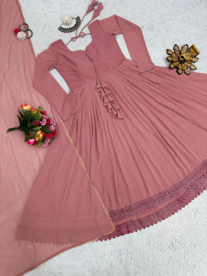ELEGANT DESIGNER GOWN IN FAUX GEORGETTE WITH LACE WORK & TASSELS – A PERFECT BLEND OF GRACE & STYLE