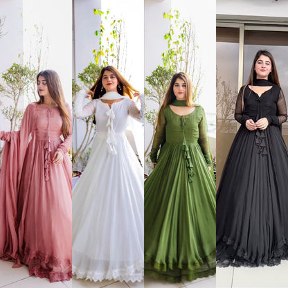 ELEGANT DESIGNER GOWN IN FAUX GEORGETTE WITH LACE WORK & TASSELS – A PERFECT BLEND OF GRACE & STYLE