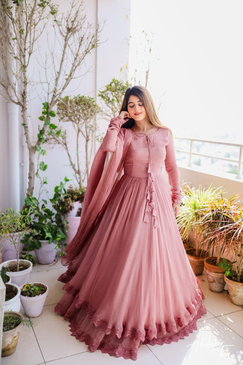 ELEGANT DESIGNER GOWN IN FAUX GEORGETTE WITH LACE WORK & TASSELS – A PERFECT BLEND OF GRACE & STYLE