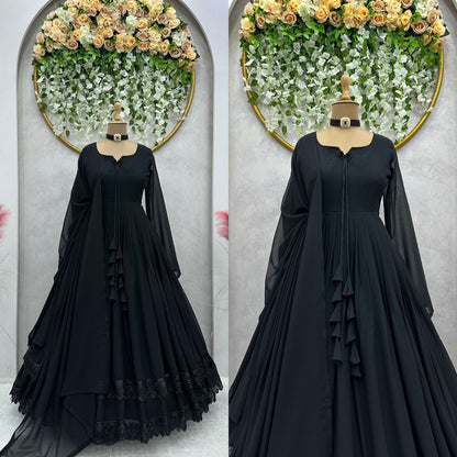 ELEGANT DESIGNER GOWN IN FAUX GEORGETTE WITH LACE WORK & TASSELS – A PERFECT BLEND OF GRACE & STYLE