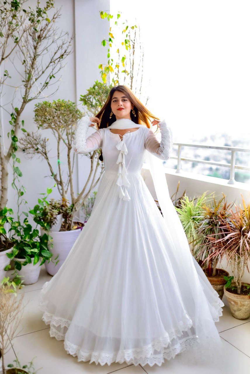 ELEGANT DESIGNER GOWN IN FAUX GEORGETTE WITH LACE WORK & TASSELS – A PERFECT BLEND OF GRACE & STYLE