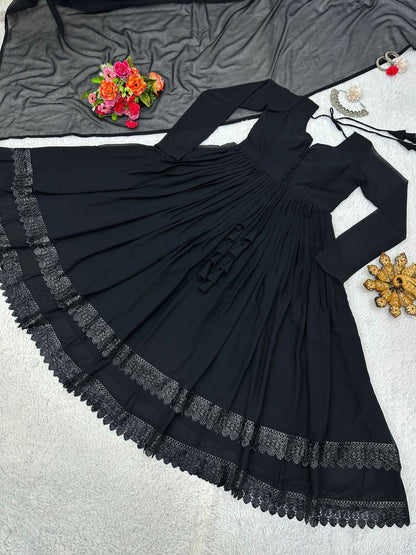 ELEGANT DESIGNER GOWN IN FAUX GEORGETTE WITH LACE WORK & TASSELS – A PERFECT BLEND OF GRACE & STYLE