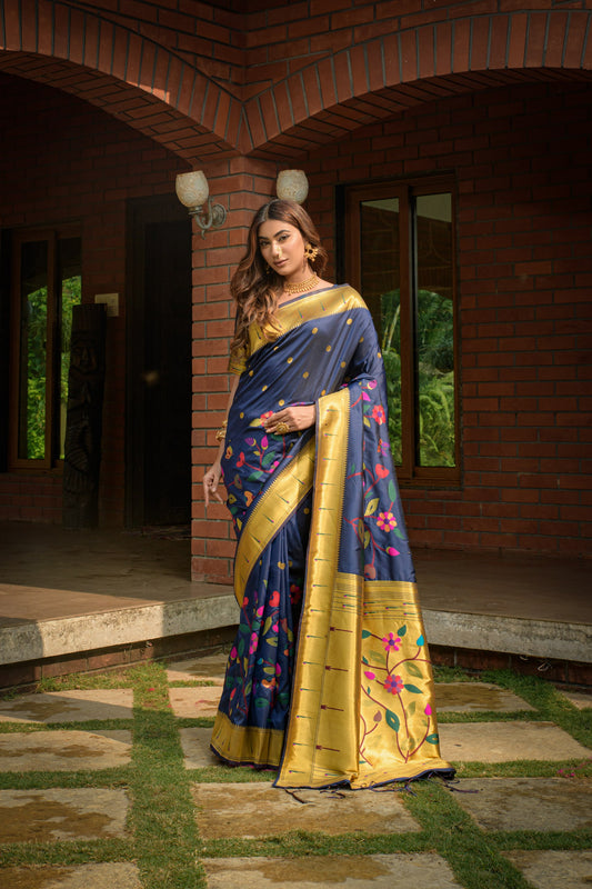 EXQUISITE PAITHANI PURE SILK HANDLOOM SAREE WITH PURE GOLD ZARI