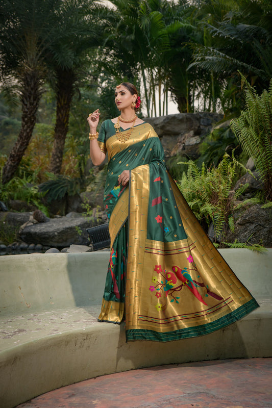 LUXURIOUS PAITHANI PURE SILK HANDLOOM SAREE WITH PURE GOLD ZARI