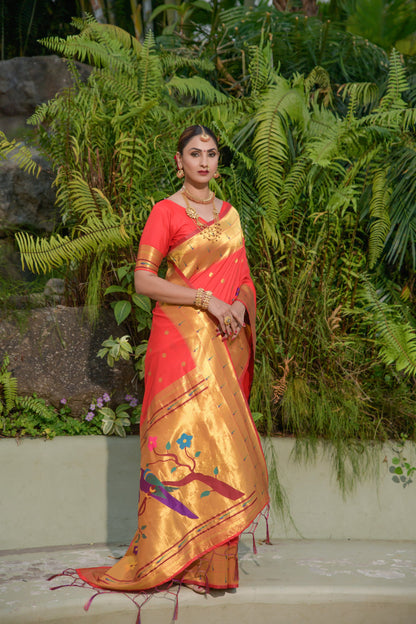 LUXURIOUS PAITHANI PURE SILK HANDLOOM SAREE WITH PURE GOLD ZARI
