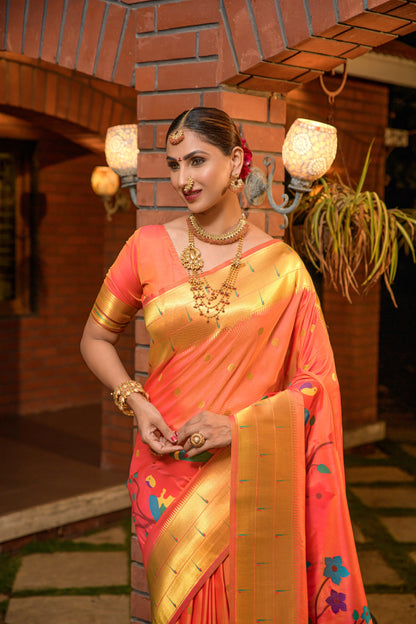 LUXURIOUS PAITHANI PURE SILK HANDLOOM SAREE WITH PURE GOLD ZARI