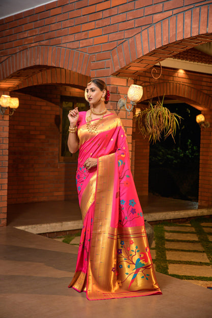 LUXURIOUS PAITHANI PURE SILK HANDLOOM SAREE WITH PURE GOLD ZARI