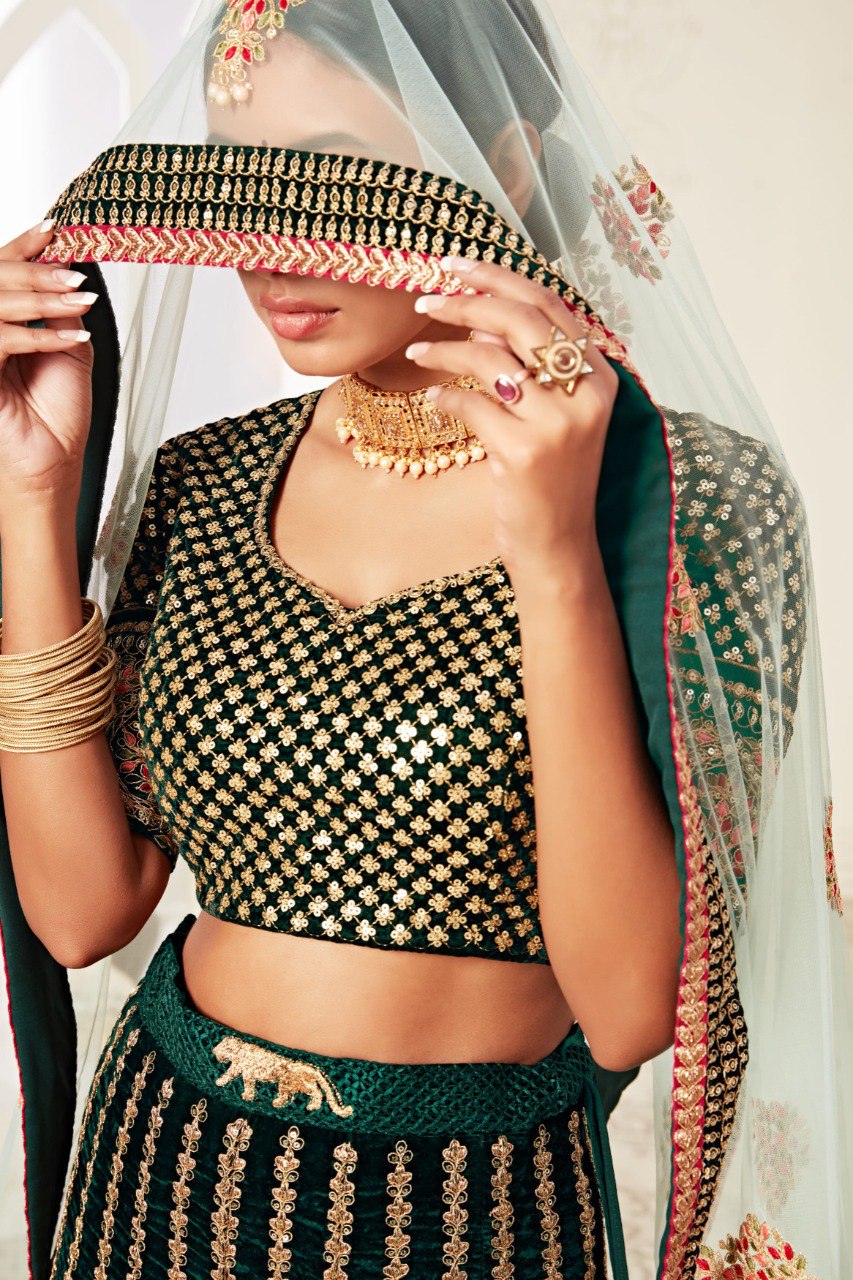 ROYAL VELVET LEHENGA WITH THREAD, DORI, ZARI, SEQUINS & DIAMOND WORK
