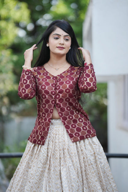 NEW ARRIVAL – DESIGNER PAITHANI SILK CORDSET WITH JACQUARD LEHENGA & ZARI KOTI – FULLY STITCHED