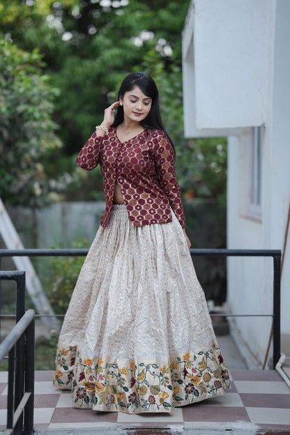 NEW ARRIVAL – DESIGNER PAITHANI SILK CORDSET WITH JACQUARD LEHENGA & ZARI KOTI – FULLY STITCHED