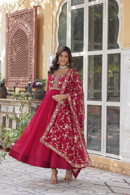 FAUX BLOOMING EMBROIDERED GOWN WITH DESIGNER SEQUINS DUPATTA FOR WOMEN