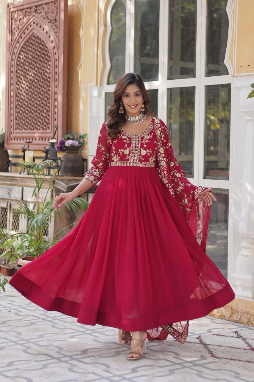 FAUX BLOOMING EMBROIDERED GOWN WITH DESIGNER SEQUINS DUPATTA FOR WOMEN