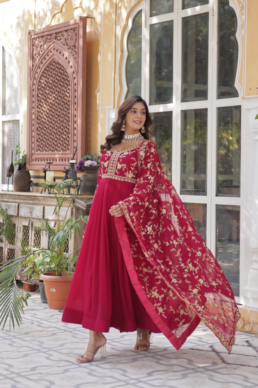FAUX BLOOMING EMBROIDERED GOWN WITH DESIGNER SEQUINS DUPATTA FOR WOMEN