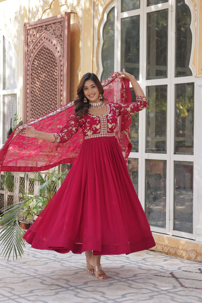 FAUX BLOOMING EMBROIDERED GOWN WITH DESIGNER SEQUINS DUPATTA FOR WOMEN
