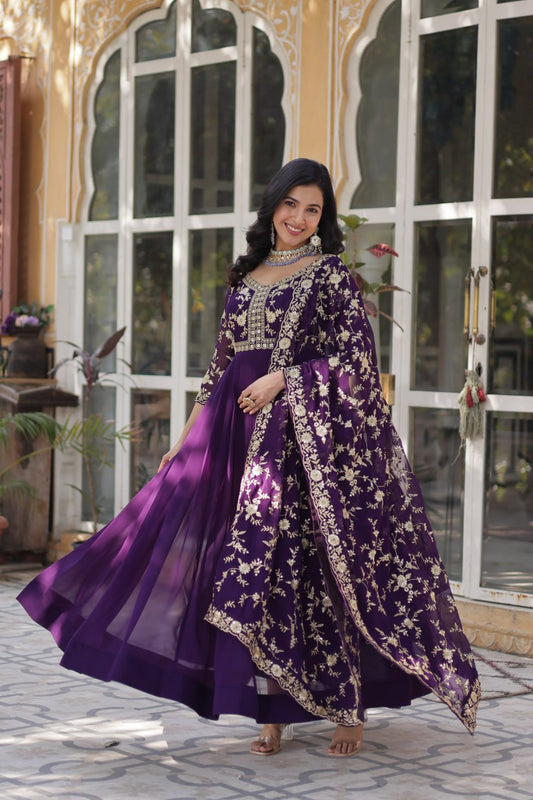 FAUX BLOOMING EMBROIDERED GOWN WITH DESIGNER SEQUINS DUPATTA FOR WOMEN