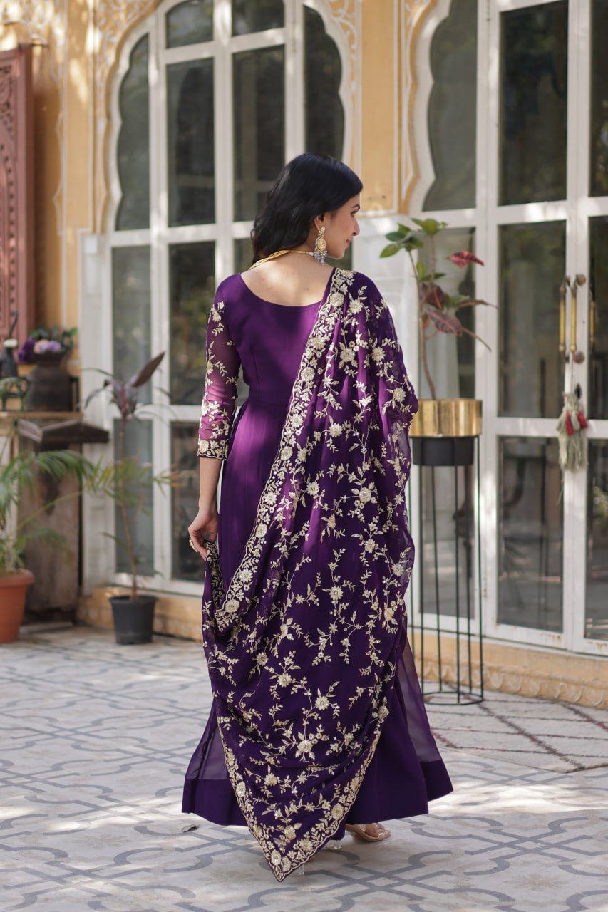 FAUX BLOOMING EMBROIDERED GOWN WITH DESIGNER SEQUINS DUPATTA FOR WOMEN