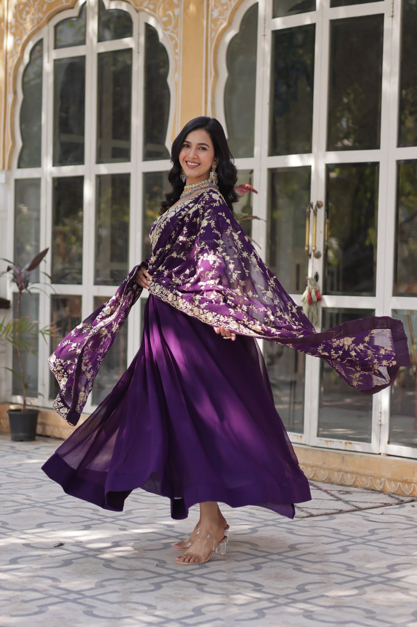 FAUX BLOOMING EMBROIDERED GOWN WITH DESIGNER SEQUINS DUPATTA FOR WOMEN