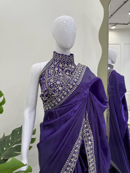 ELEGANT DESIGNER JIMMY CHU SAREE WITH THREAD & SEQUINS EMBROIDERY | UNSTITCHED BLOUSE PIECE