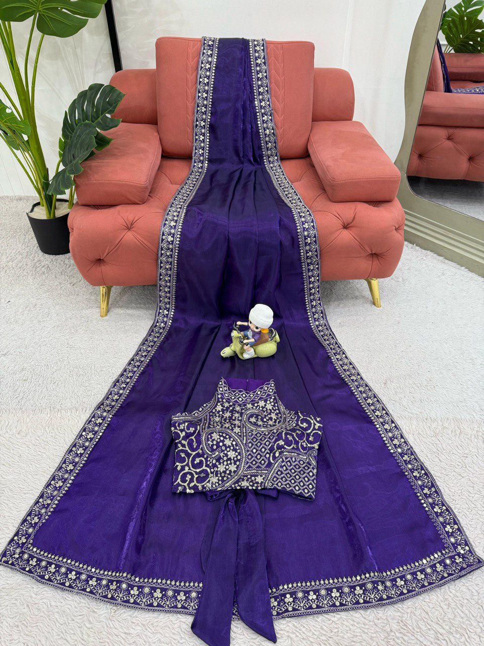 ELEGANT DESIGNER JIMMY CHU SAREE WITH THREAD & SEQUINS EMBROIDERY | UNSTITCHED BLOUSE PIECE