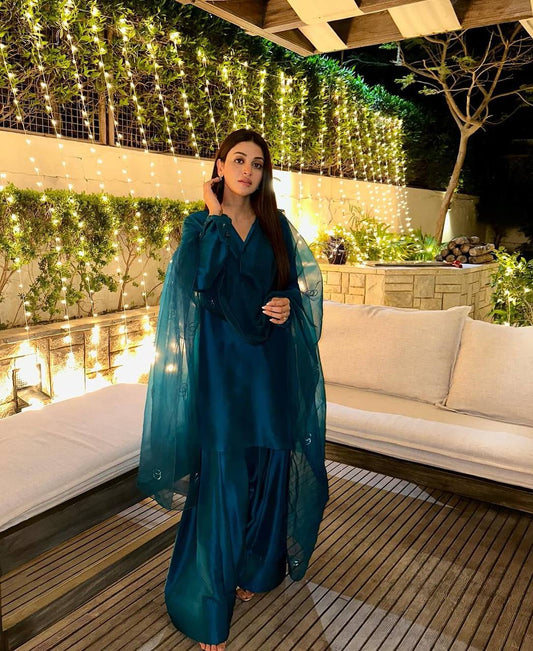 EXCLUSIVE DESIGNER FARSI SALWAR SUIT IN PREMIUM FENDI SILK WITH EMBROIDERED DUPATTA