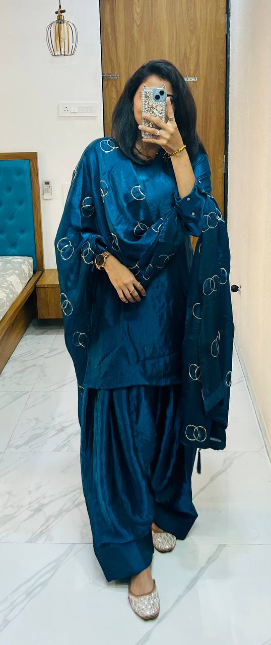 EXCLUSIVE DESIGNER FARSI SALWAR SUIT IN PREMIUM FENDI SILK WITH EMBROIDERED DUPATTA