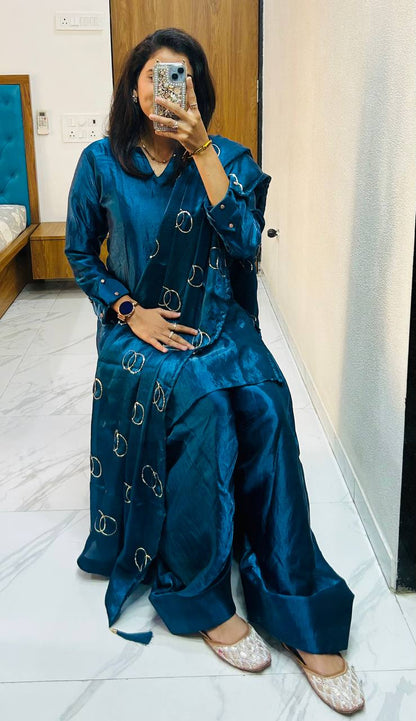 EXCLUSIVE DESIGNER FARSI SALWAR SUIT IN PREMIUM FENDI SILK WITH EMBROIDERED DUPATTA