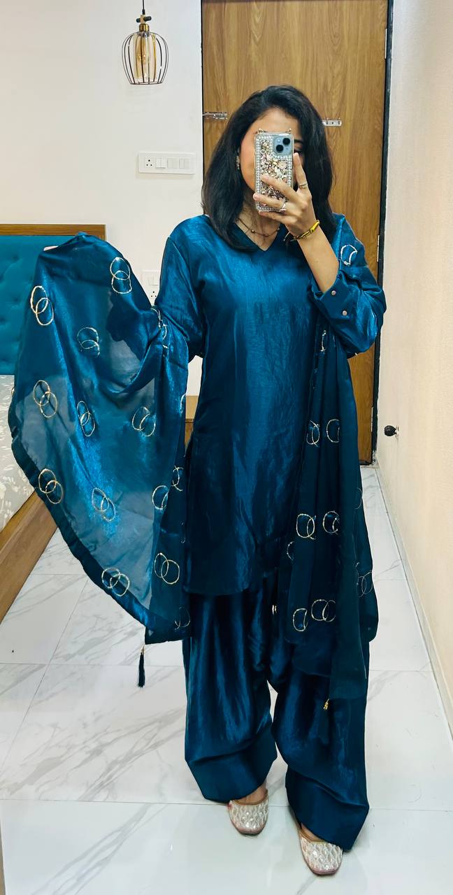 EXCLUSIVE DESIGNER FARSI SALWAR SUIT IN PREMIUM FENDI SILK WITH EMBROIDERED DUPATTA