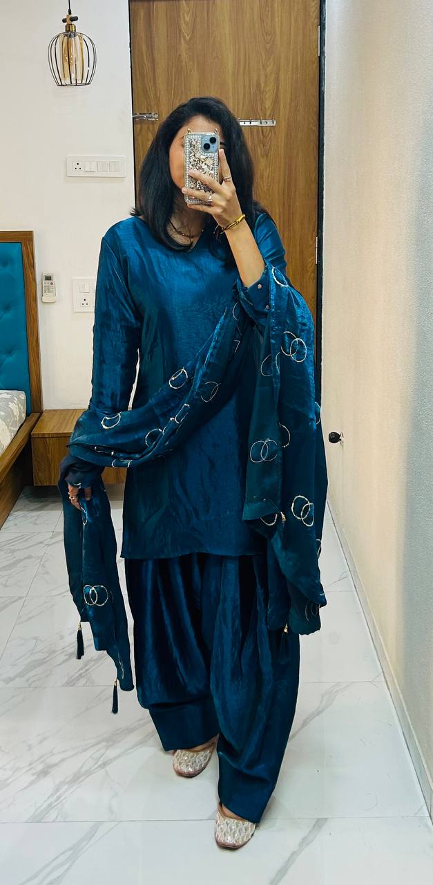 EXCLUSIVE DESIGNER FARSI SALWAR SUIT IN PREMIUM FENDI SILK WITH EMBROIDERED DUPATTA