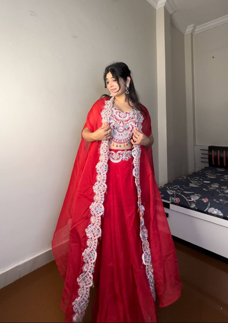 PREMIUM INDO-WESTERN THREE-PIECE DHOTI SET WITH BLOUSE, KOTI & BELT – SEQUINS EMBROIDERED GEORGETTE