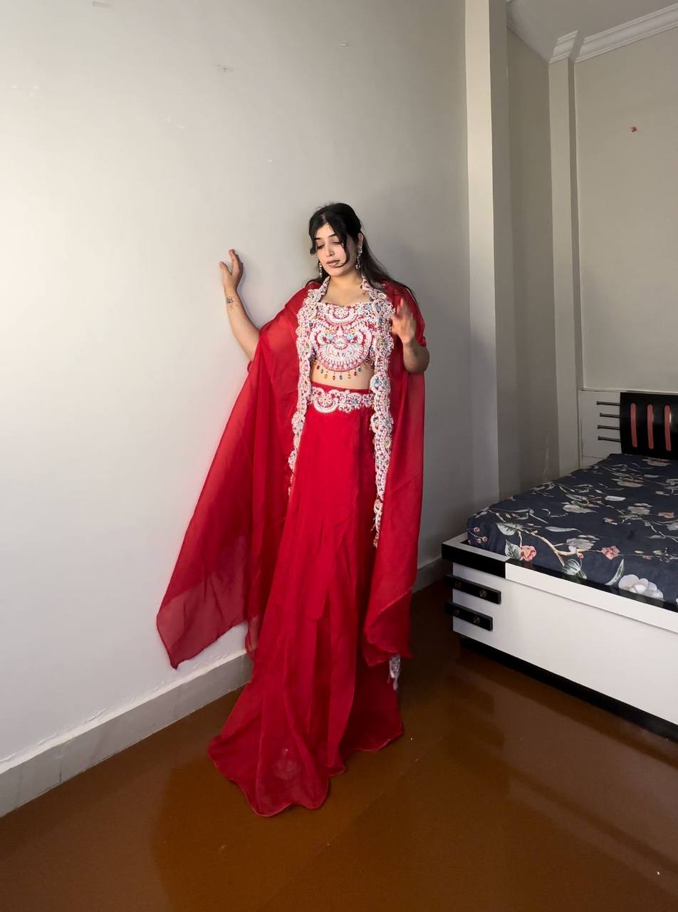 PREMIUM INDO-WESTERN THREE-PIECE DHOTI SET WITH BLOUSE, KOTI & BELT – SEQUINS EMBROIDERED GEORGETTE