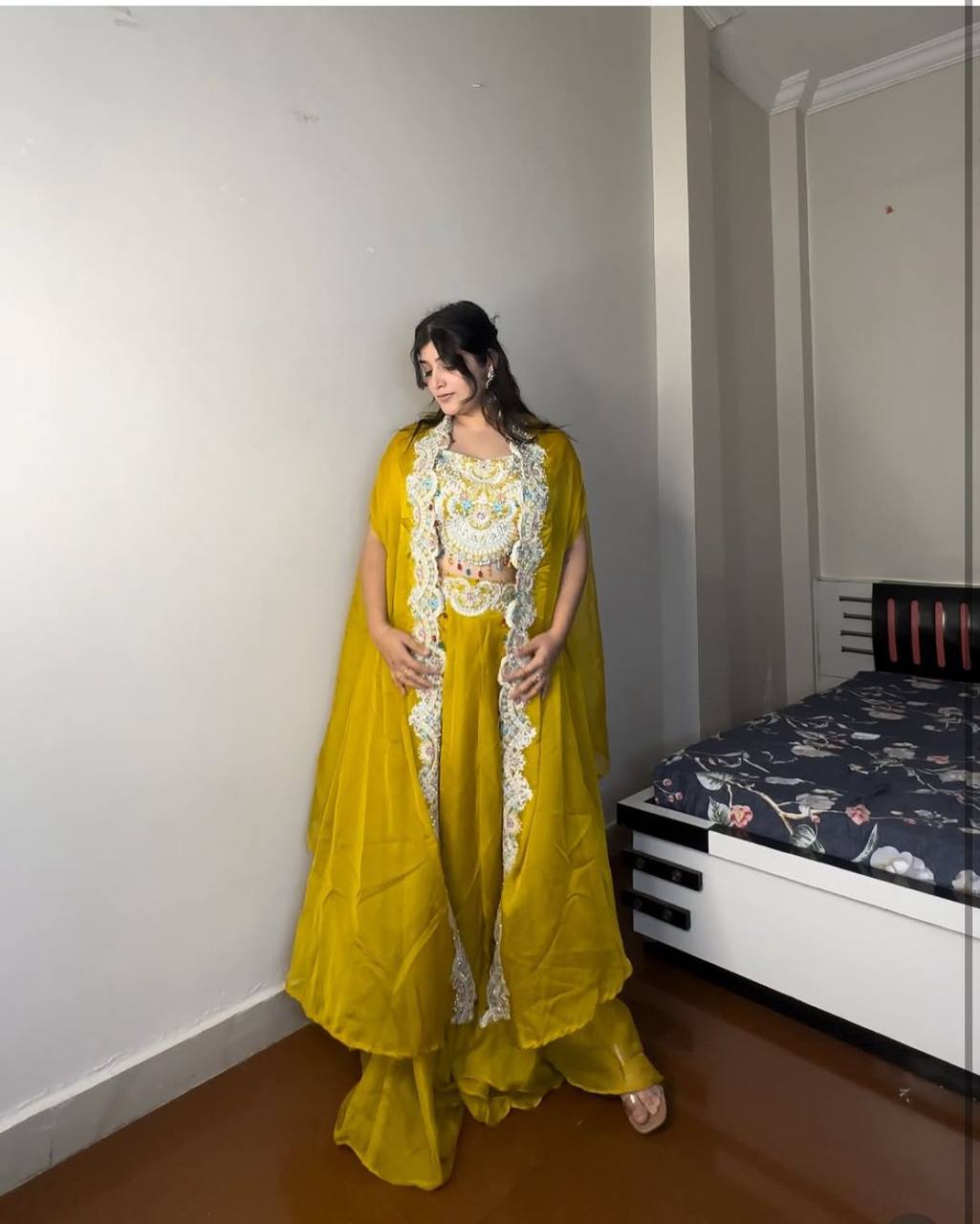 PREMIUM INDO-WESTERN THREE-PIECE DHOTI SET WITH BLOUSE, KOTI & BELT – SEQUINS EMBROIDERED GEORGETTE