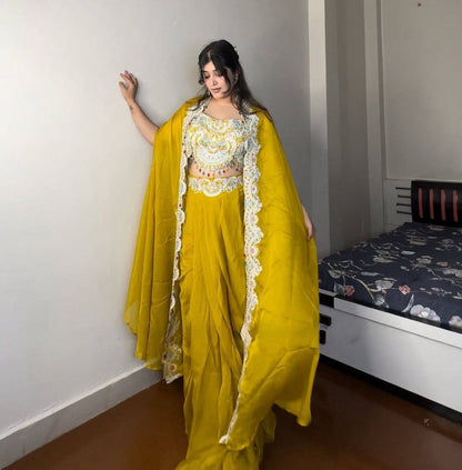 PREMIUM INDO-WESTERN THREE-PIECE DHOTI SET WITH BLOUSE, KOTI & BELT – SEQUINS EMBROIDERED GEORGETTE