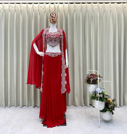 PREMIUM INDO-WESTERN THREE-PIECE DHOTI SET WITH BLOUSE, KOTI & BELT – SEQUINS EMBROIDERED GEORGETTE