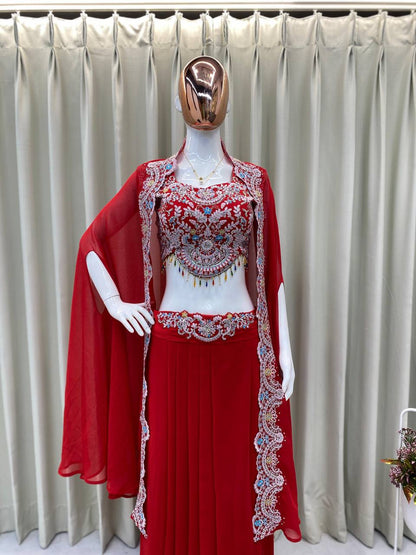 PREMIUM INDO-WESTERN THREE-PIECE DHOTI SET WITH BLOUSE, KOTI & BELT – SEQUINS EMBROIDERED GEORGETTE