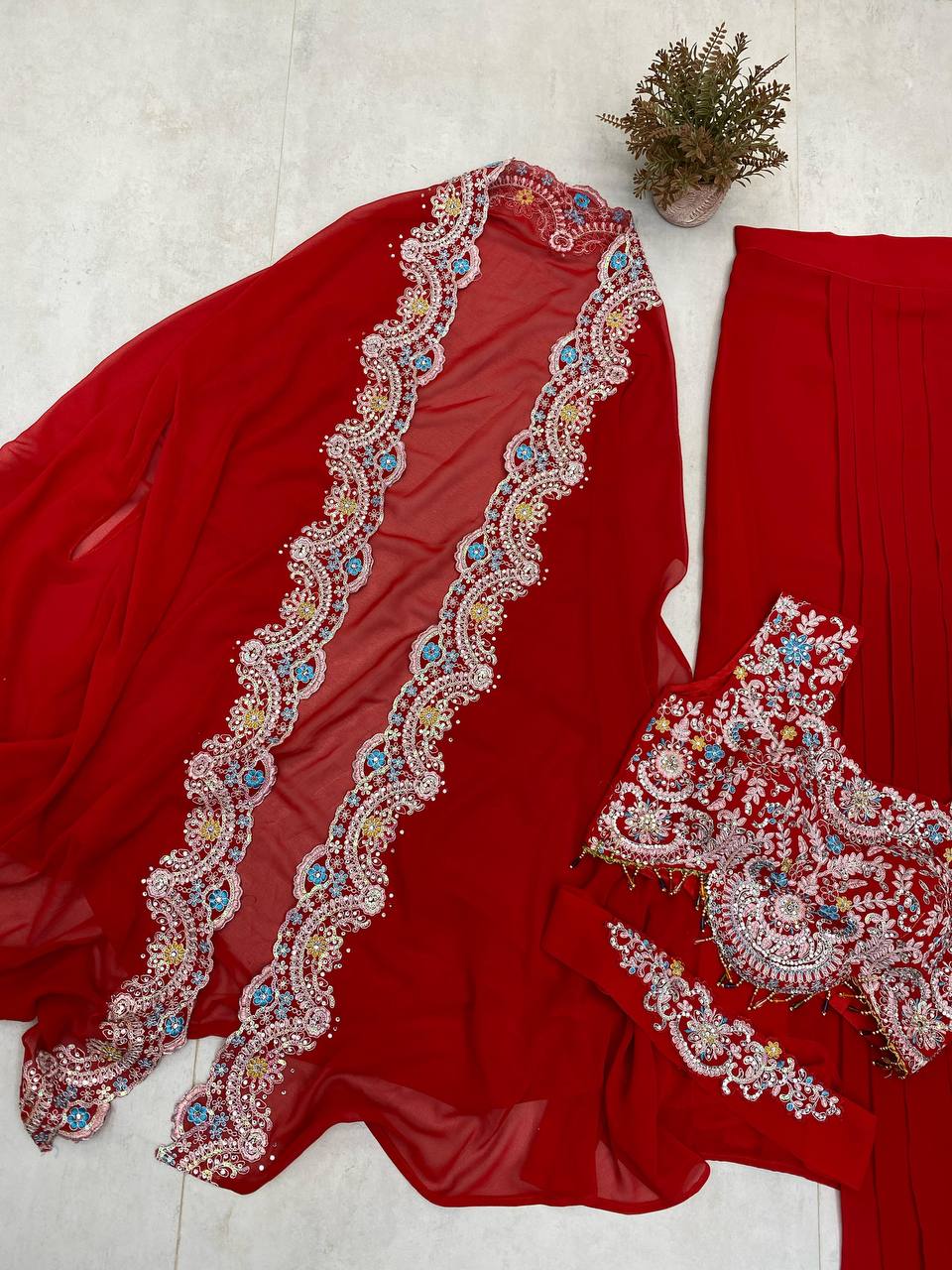 PREMIUM INDO-WESTERN THREE-PIECE DHOTI SET WITH BLOUSE, KOTI & BELT – SEQUINS EMBROIDERED GEORGETTE