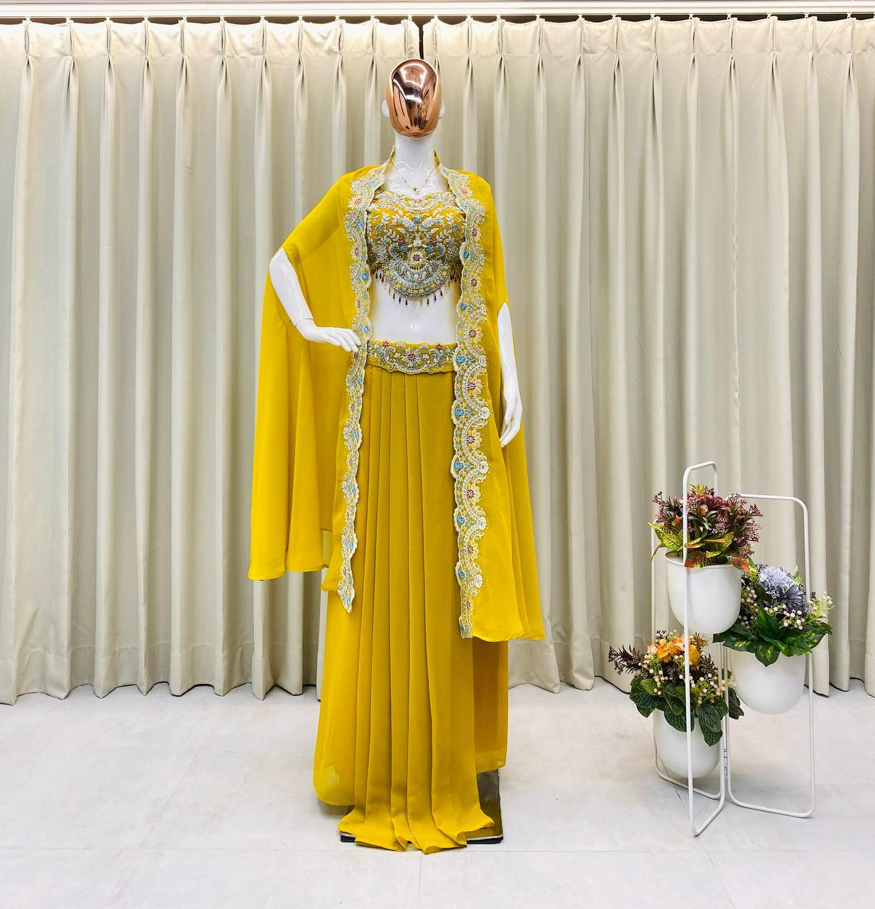 PREMIUM INDO-WESTERN THREE-PIECE DHOTI SET WITH BLOUSE, KOTI & BELT – SEQUINS EMBROIDERED GEORGETTE