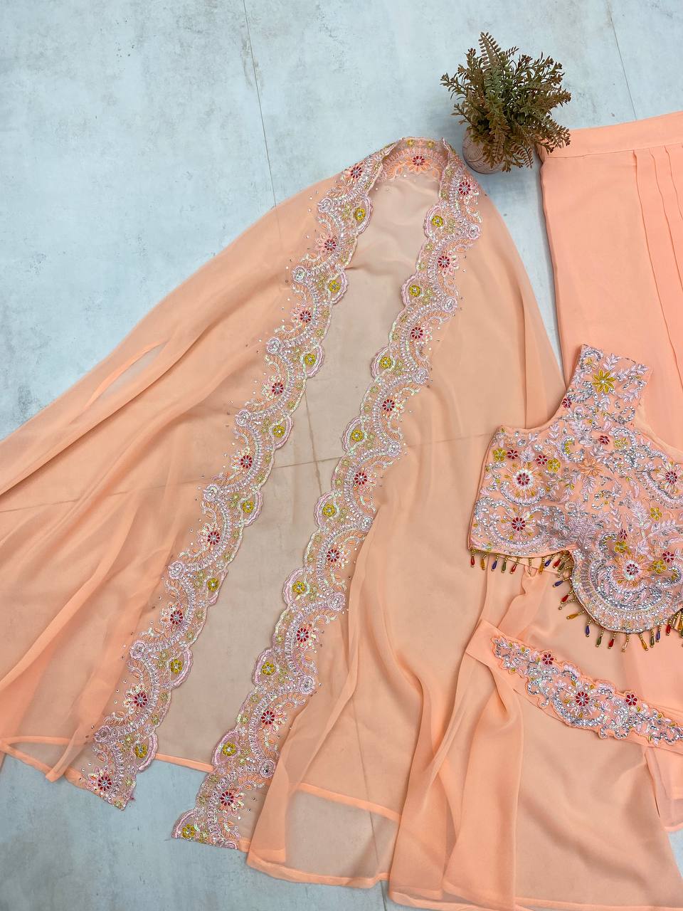 PREMIUM INDO-WESTERN THREE-PIECE DHOTI SET WITH BLOUSE, KOTI & BELT – SEQUINS EMBROIDERED GEORGETTE