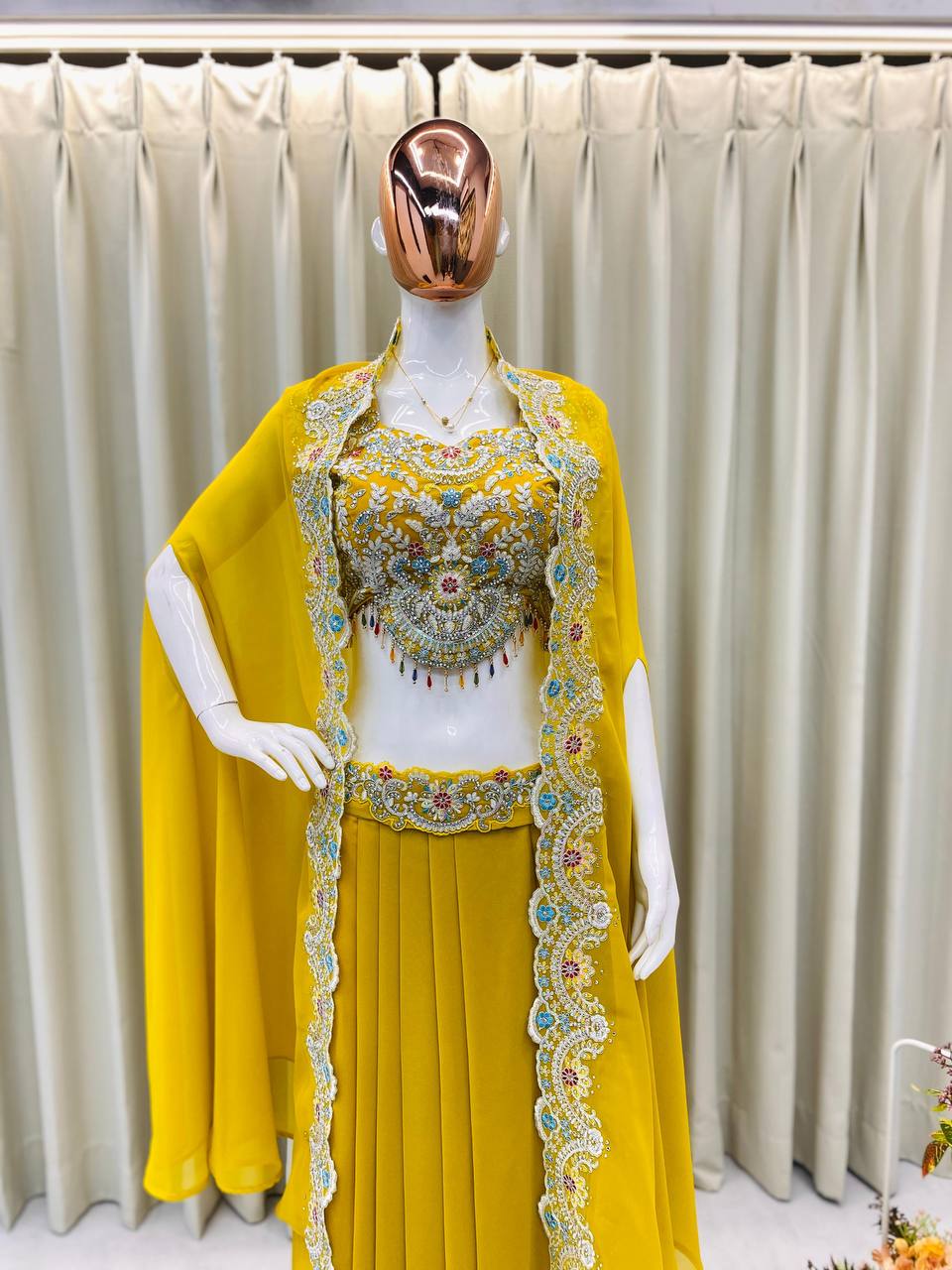 PREMIUM INDO-WESTERN THREE-PIECE DHOTI SET WITH BLOUSE, KOTI & BELT – SEQUINS EMBROIDERED GEORGETTE