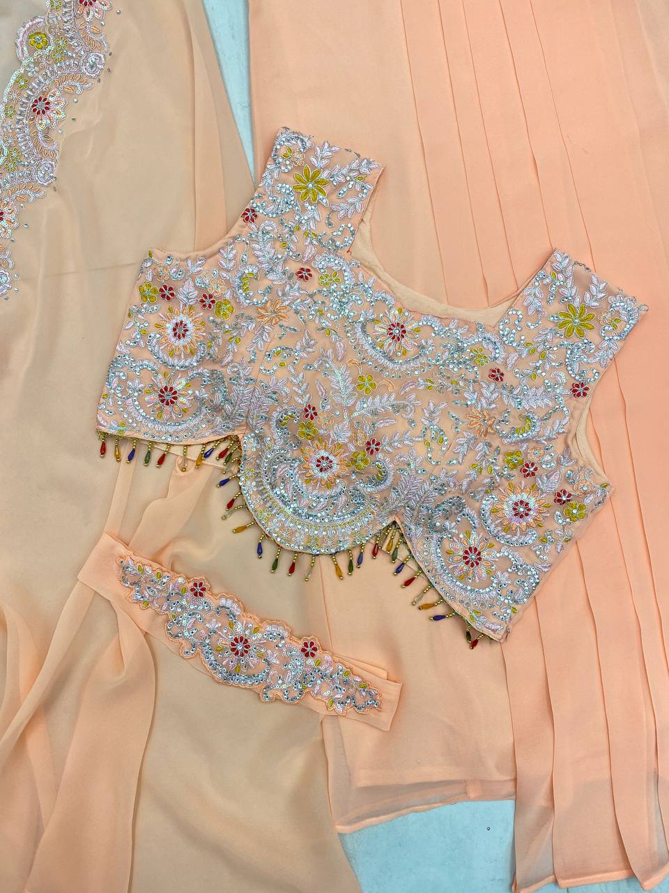PREMIUM INDO-WESTERN THREE-PIECE DHOTI SET WITH BLOUSE, KOTI & BELT – SEQUINS EMBROIDERED GEORGETTE