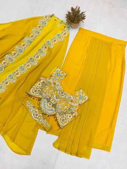 PREMIUM INDO-WESTERN THREE-PIECE DHOTI SET WITH BLOUSE, KOTI & BELT – SEQUINS EMBROIDERED GEORGETTE