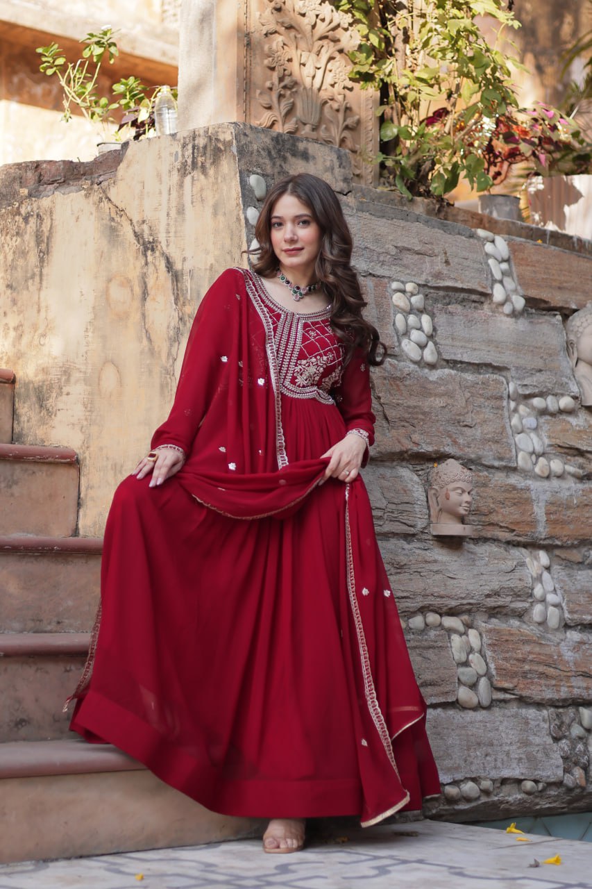ELEGANT FAUX BLOOMING EMBROIDERED GOWN WITH SEQUINS & BEADS WORK DUPATTA FOR WOMEN