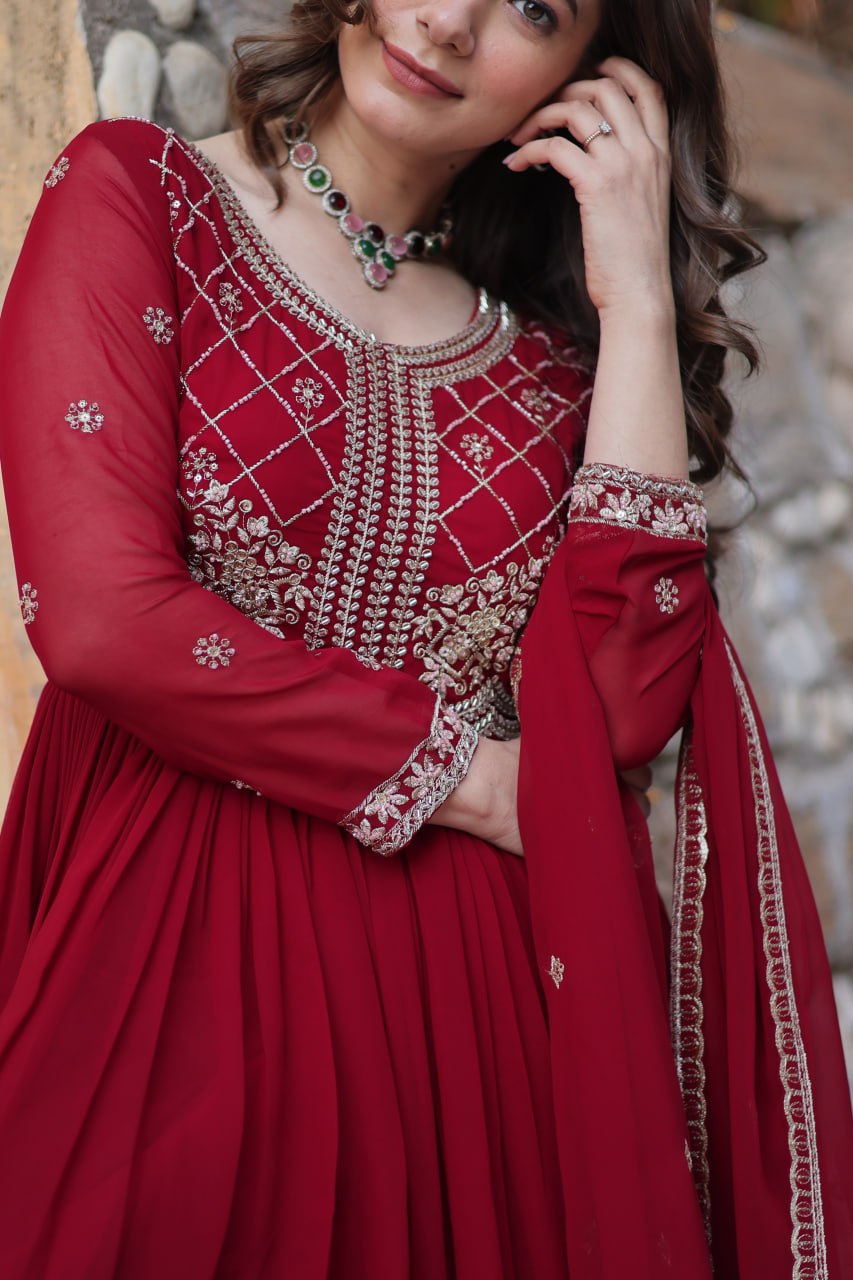 ELEGANT FAUX BLOOMING EMBROIDERED GOWN WITH SEQUINS & BEADS WORK DUPATTA FOR WOMEN