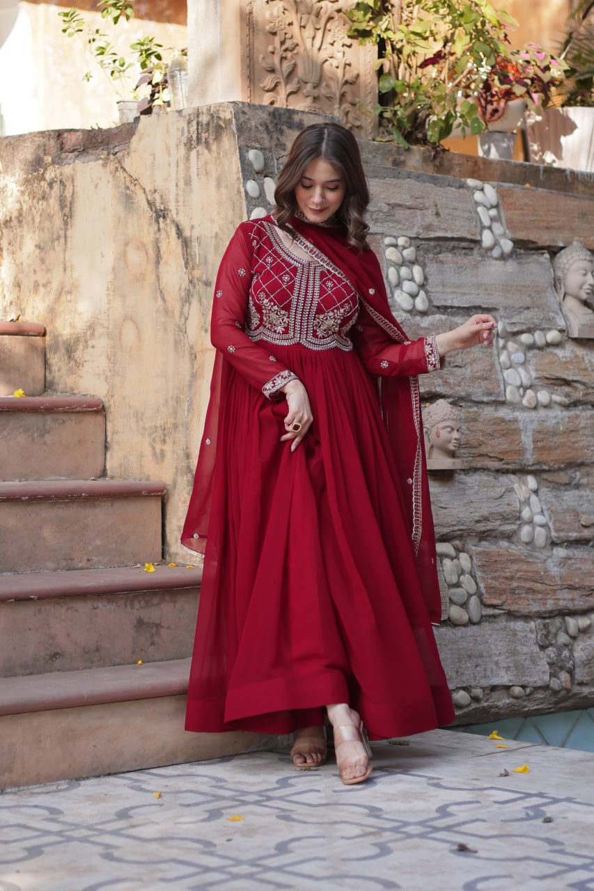 ELEGANT FAUX BLOOMING EMBROIDERED GOWN WITH SEQUINS & BEADS WORK DUPATTA FOR WOMEN