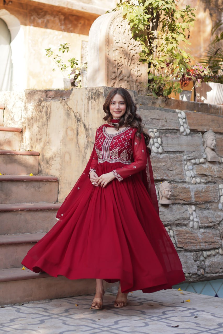 ELEGANT FAUX BLOOMING EMBROIDERED GOWN WITH SEQUINS & BEADS WORK DUPATTA FOR WOMEN