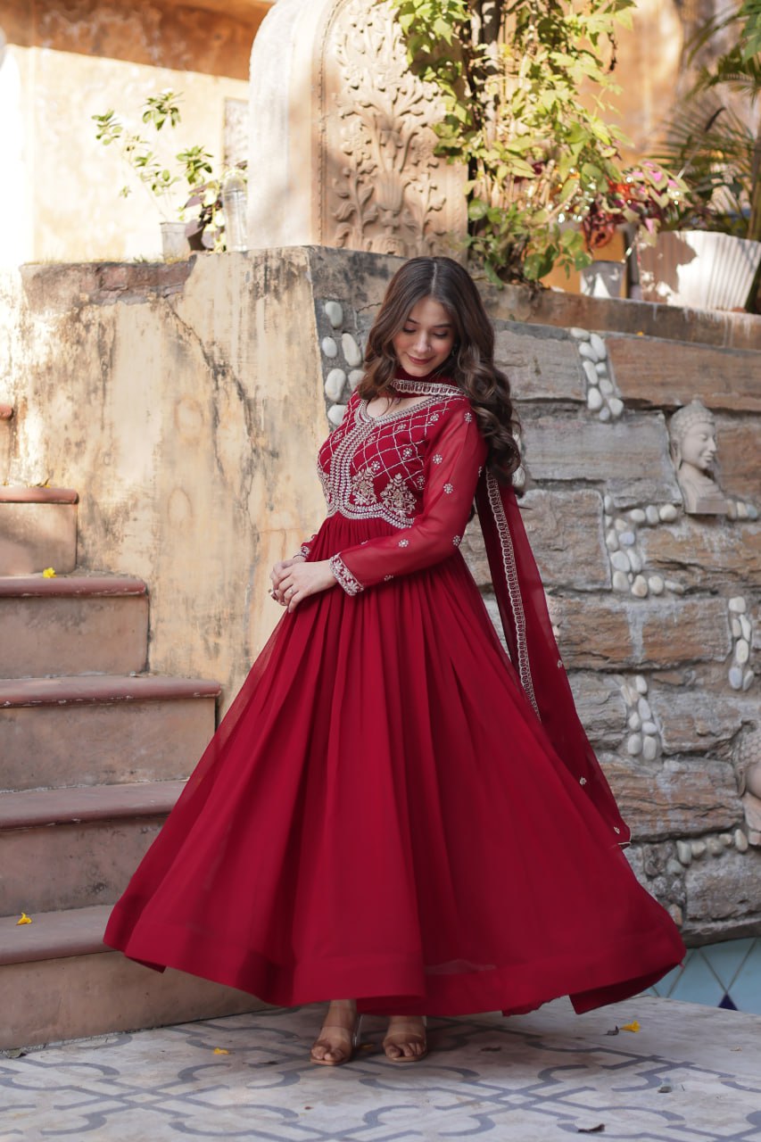 ELEGANT FAUX BLOOMING EMBROIDERED GOWN WITH SEQUINS & BEADS WORK DUPATTA FOR WOMEN